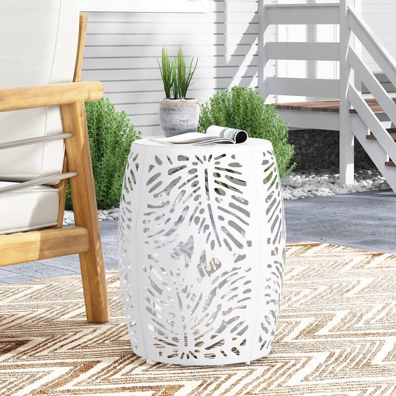 Roomfitters Outdoor Metal End Table - Large, Cutout Leaf Design Accent Side Table for Patio, Garden, or Balcony, White