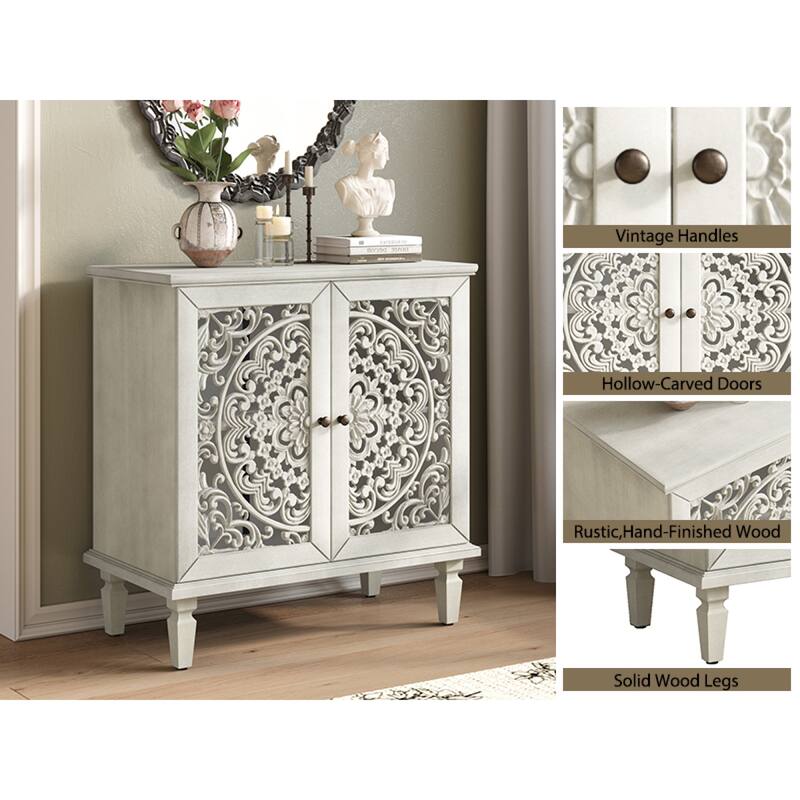 Roomfitters 2-Door Hollow-Carved Accent Cabinet, Symmetrical Floral Sideboard with Adjustable Shelf