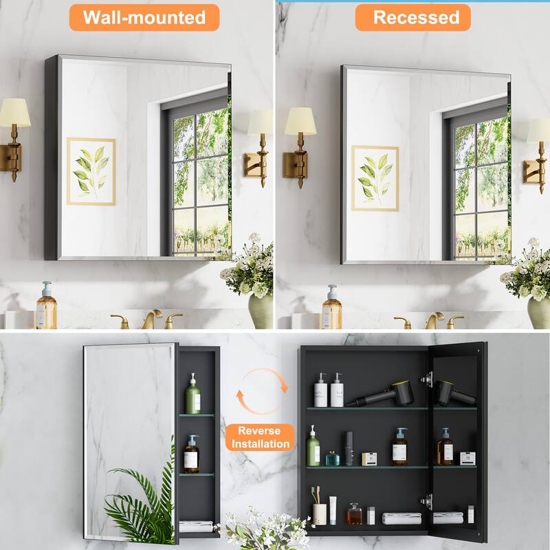 Belle Medicine Cabinet with Mirror, Adjustable Shelves, Recessed or Wall Mount