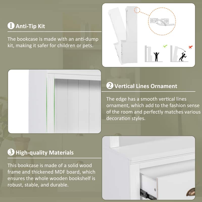 83" Tall Solid Wood Bookcase with Drawers & LED Lights, Freestanding Storage Cabinet with Display Shelf