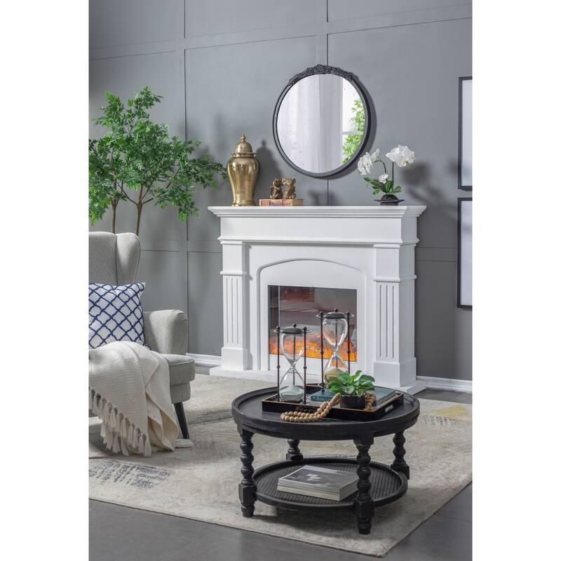 30"x30" Round Hand Carved Rose Antique Mirror Frame, Wall Mirror for Live space, Bathroom, Entryway Wall Decor