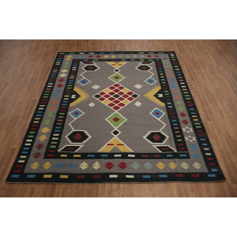 Hand Woven Oriental 100% Wool Carpet Southwestern Tribal Greys & Charcoal Kilim Area Rug - 10' 2'' X 8' 8''