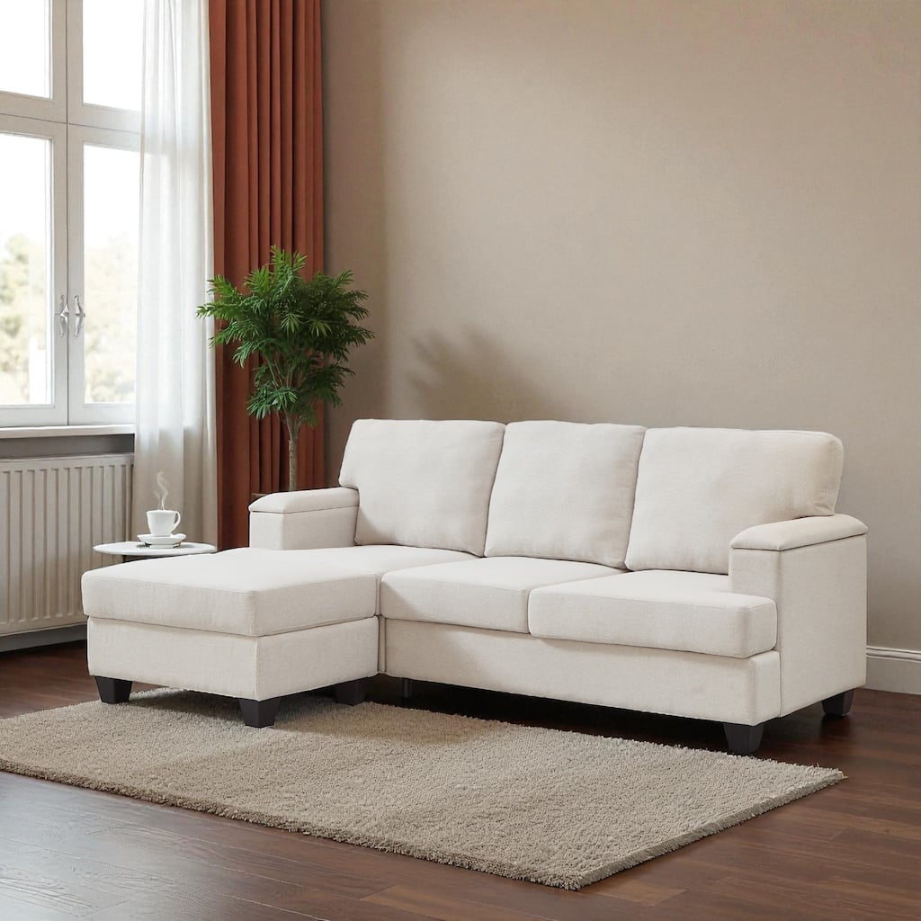 86" L-Shaped Sectional Sofa with Armrest Storage, Movable Ottoman, Thick Cushions, Linen Upholstery for Living Room