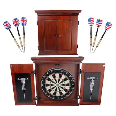 GSE™ Premium Solid Wood Dart Board Cabinet Set with Sisal/Bristle Dartboard and 6 Steel Tip Darts