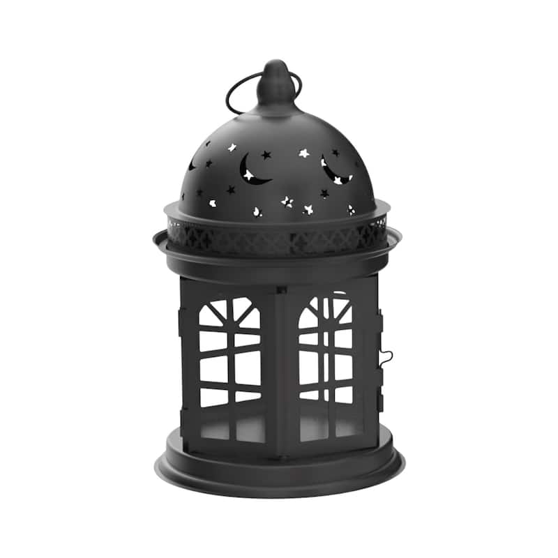 Set of Two Black Metal Celestial Tabletop Lantern Candle Holders - 5"L x 5"W x 8.5"H