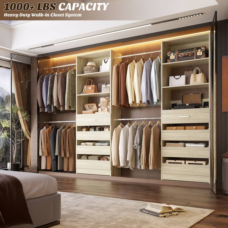 Modular Closet System Wardrobe Organizer 4 Adjustable Hanging Rods + 4 Wooden Drawers, Space-Saving for 4-9Ft Closets
