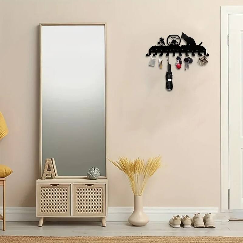 Adorable Kitty Black Iron Wall Mounted Rack with 10 Hooks for Entryway or Bedroom - 13.78”L x 5.51”H