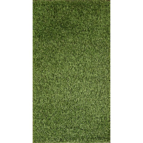 Green Solid Shaggy Oriental Wool Rug Hand-knotted Foyer Carpet - 2'8" x 5'0"