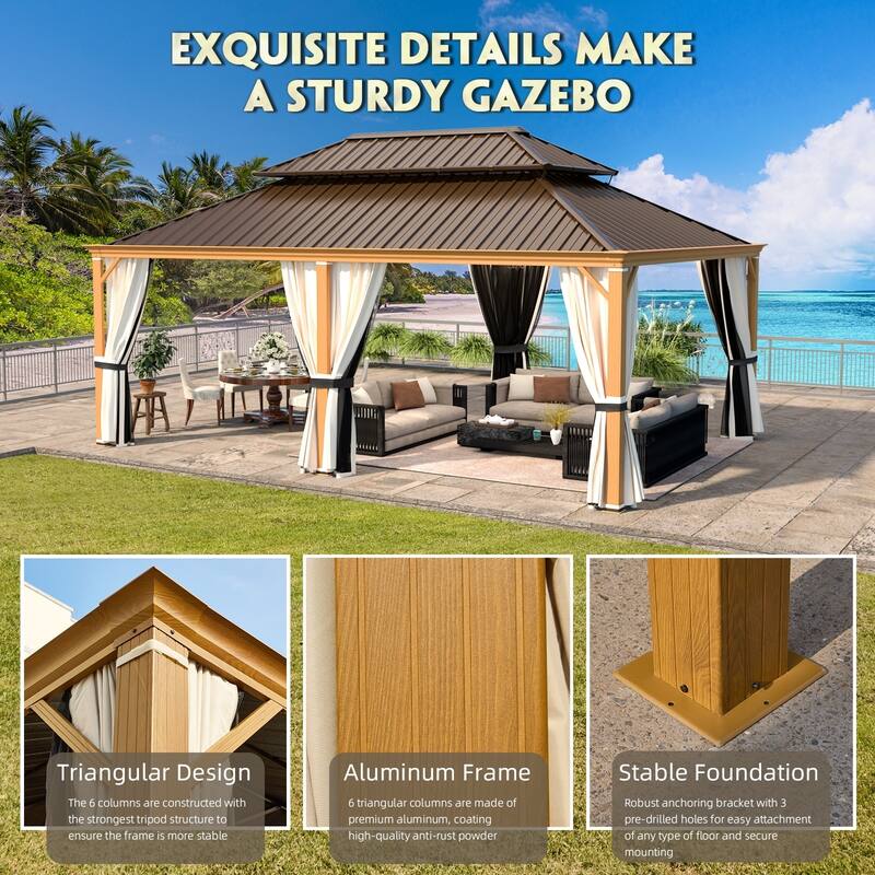 EROMMY Hardtop Patio Gazebo with Double Roof and Privacy Curtains, 12x16 FT Permanent Outdoor Metal Gazebo for Backyard, Deck