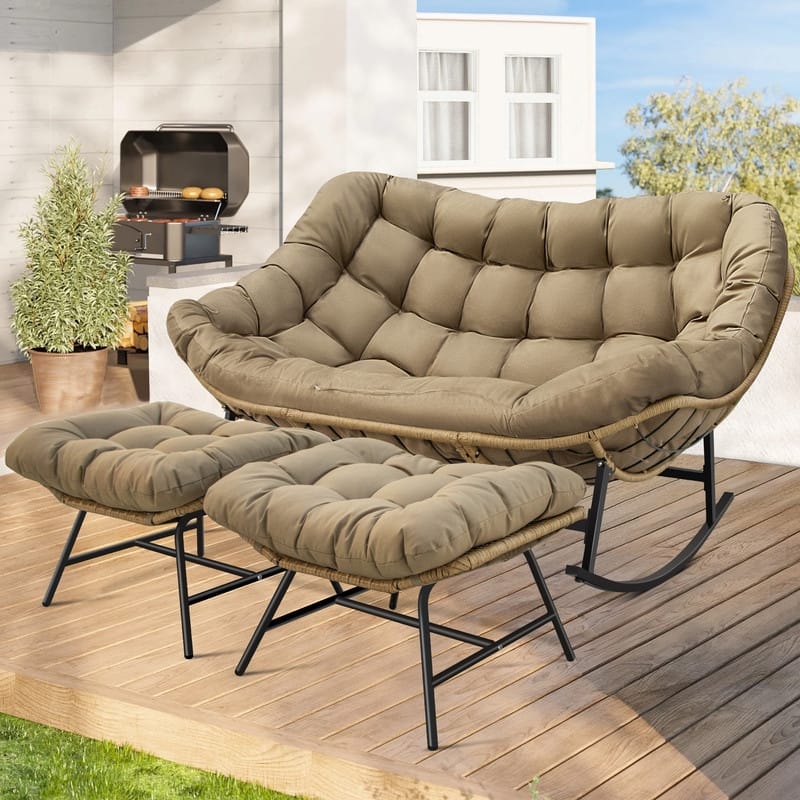 FINCATI Outdoor Double Papasan Chair, Oversized Patio Rocking Chair, 700 lbs Indoor Wicker Rocking Chair for Two - 3 PCS-Brown