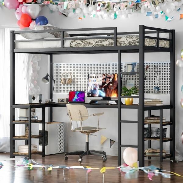 slide 2 of 16, Twin XL Metal Loft Bed with Desk and Shelves, Black