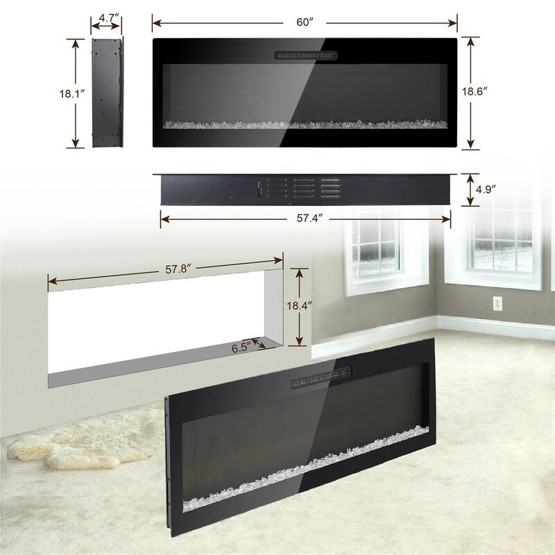 60 Inch Electric Fireplace,Recessed and Wall Mounted Fireplace