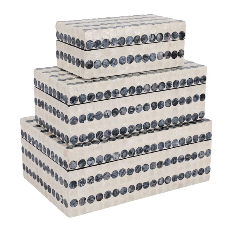 Dotted Decorative Box with Lid - Set of 3, 8", 11", 12", Ivory & Blue - 12.0"