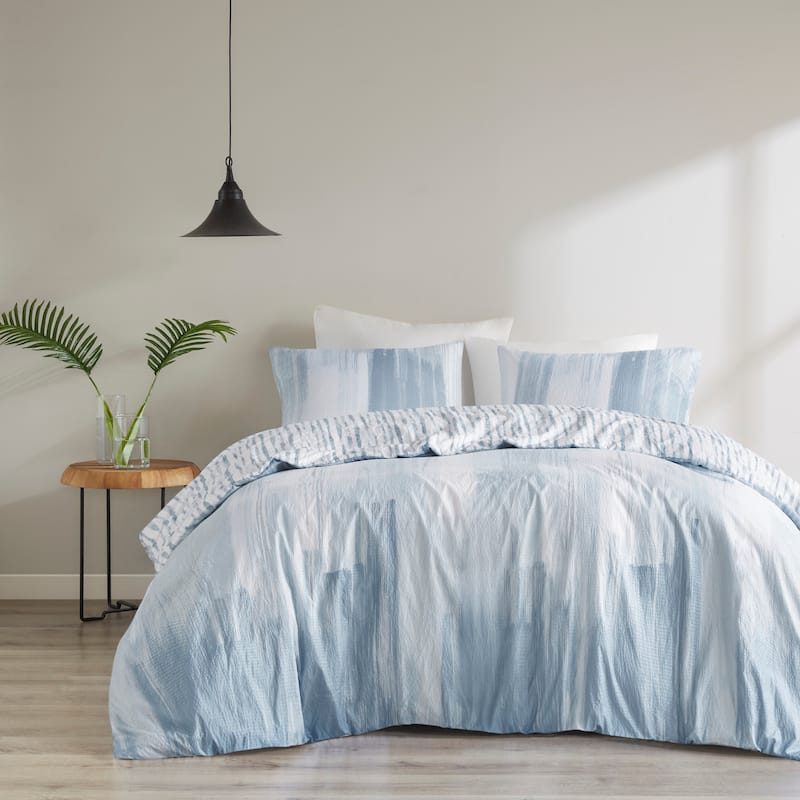 N Natori Brush Stroke Blue 3 Piece Oversized Reversible Seersucker Duvet Cover Mini Set(Insert Excluded) - Blue - Full - Queen