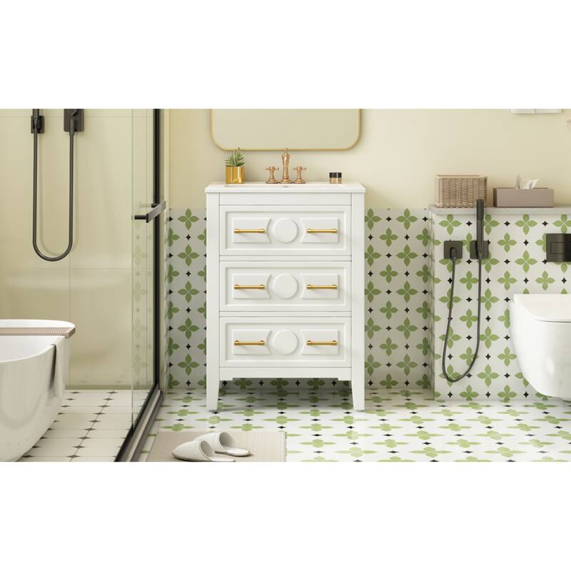 Roomfitters 24 Inch Bathroom Vanity with Ceramic Sink Combo, Free Standing Solid Wood Frame Cabinet with 3 Sliding Tiers