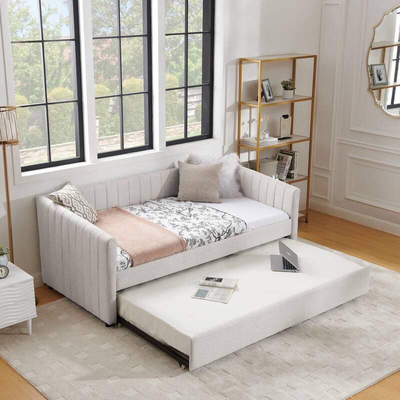 Twin/Full Size Daybed with Trundle, Upholstered Sofa Bed with Vertical Stripes, Linen Fabric, Comfortable Seating for Bedroom