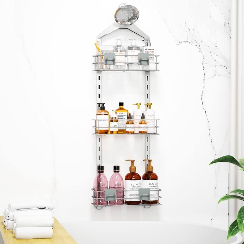Fixwal Shower Organizer Hanging Over Shower Head, Height Adjustable Bathroom Silver Caddy Shelf Storage With 2 Soap Holders, Hooks For