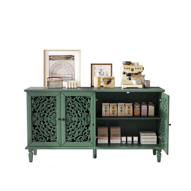 60" Antique Buffet Sideboard with Floral Carvings Solid Wood Legs and Adjustable Shelves for Versatile Storage