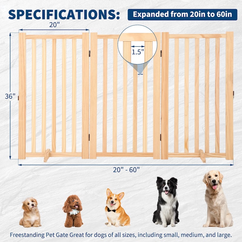 Wooden Freestanding Dog Gate, Collapsible Pet Gate with Support Feet, Indoor Dog Fence for The House,Doorways, Stairs, - 3 Panel H:36"