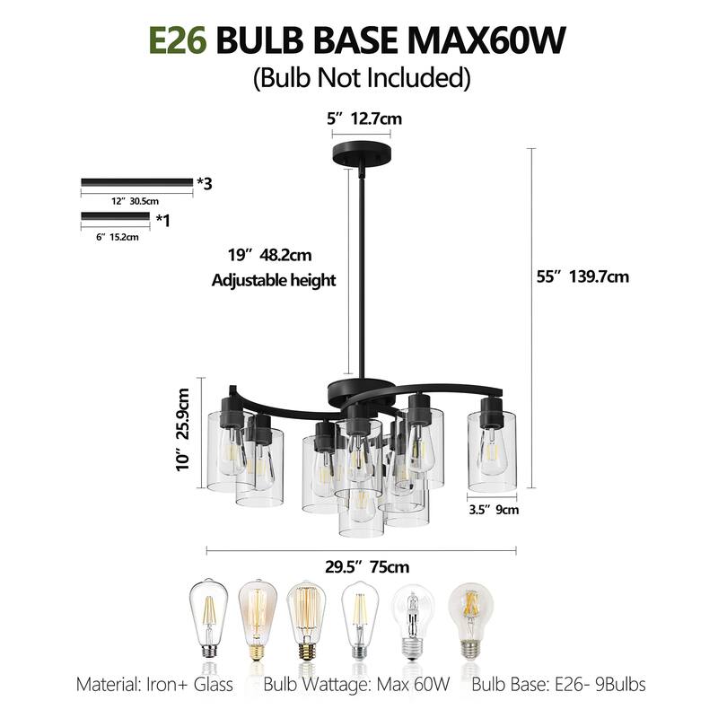 9-Light Glass Chandelier, Adjustable Height Dining Room Light Fixtures Over Table, Contemporary Hanging Chandelier