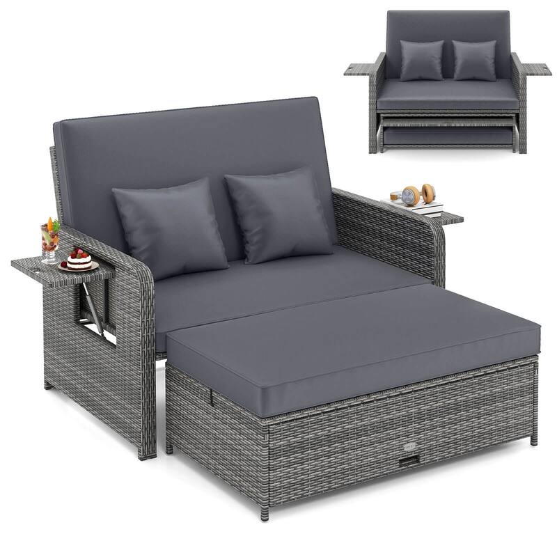 Costway Wicker Loveseat Sofa Set Patio Rattan Daybed with Ottoman & - See Details - Mix Gray/Gray - See Details