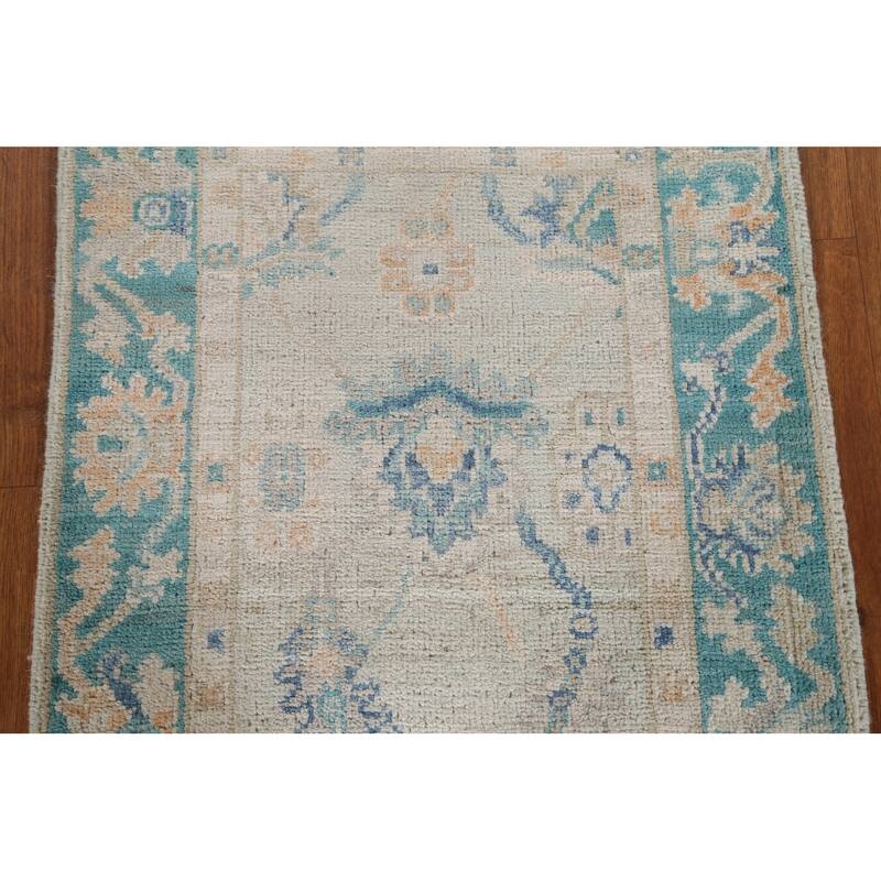 Hand Knotted Oriental 100% Wool Carpet Transitional Geometric Green Oushak Area Rug - 2' 11'' X 1' 11''