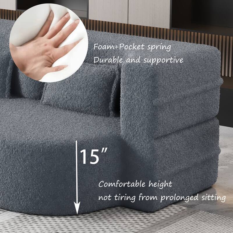 Modern Convertible Teddy Fabric Foam-Filled Sleeper Sofa Bed with 2 Pillows