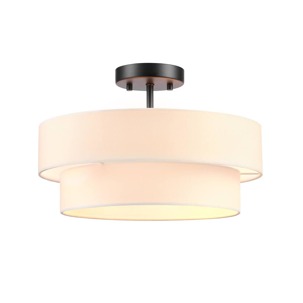 2-Light Semi-Flush Mount Ceiling Light, Matte Black, 2-Tier, White Linen Shade, Home Improvement, Dining Room, Kitchen - 15"