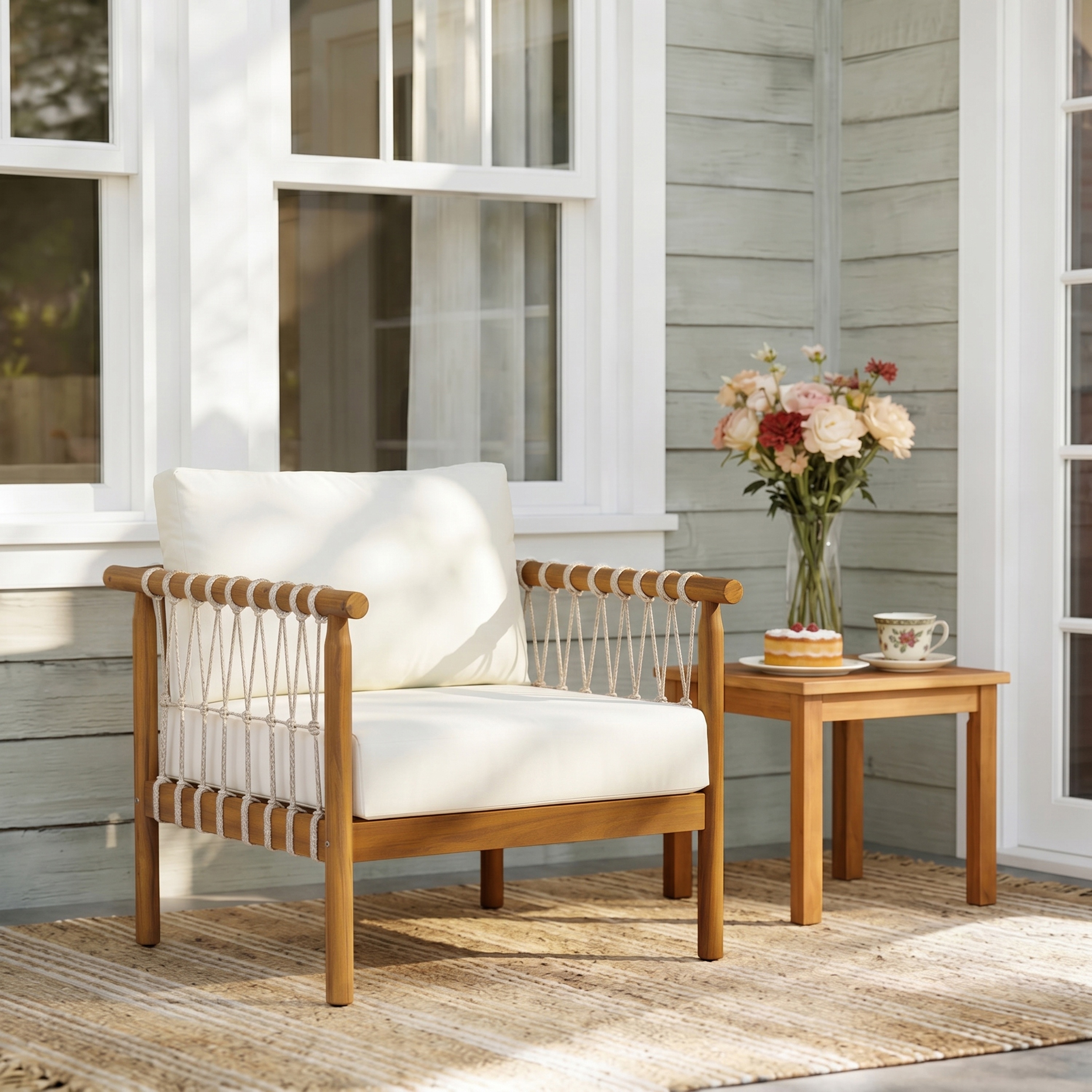 Christopher Knight Home - Harbor Outdoor Club Armchair with Acacia Wood Frame Rope Armrests and Cushions