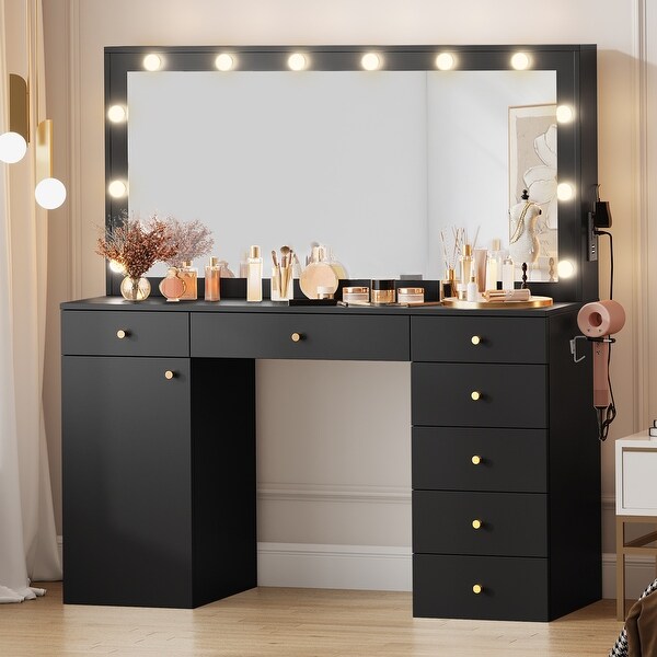 56'' Makeup Vanity with Mirror and Lights Vanity Desk with Power
