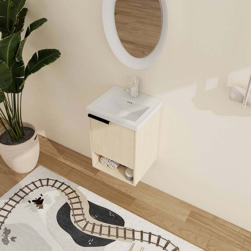 Malwee 16"/20" Floating Bathroom Vanity, Mini Wall Mounted Bathroom Vanity with Ceramic Sink and Soft Close Door