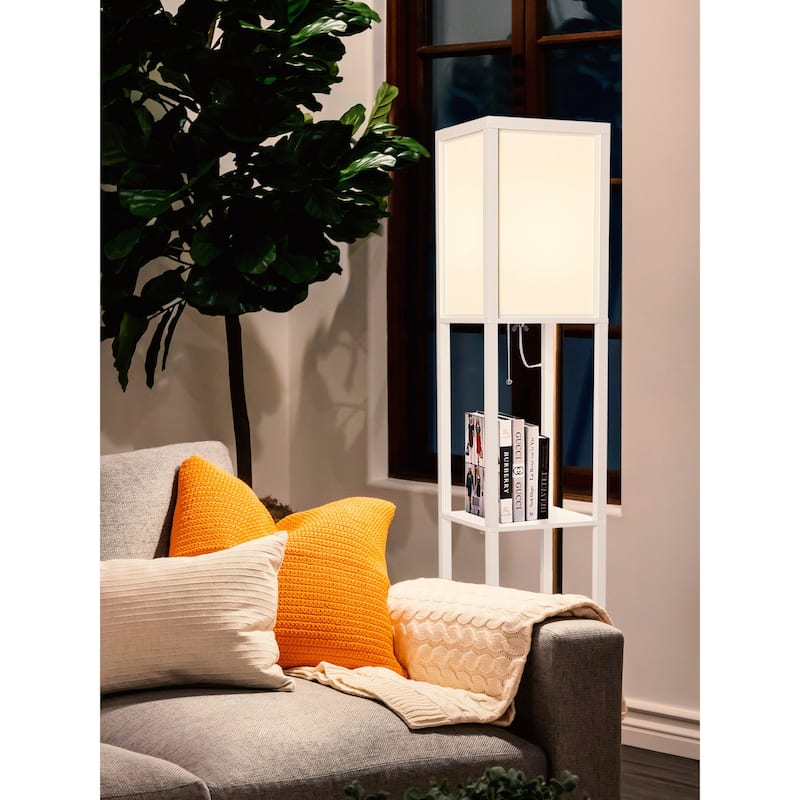 Brightech Maxwell 63 in. White Traditional LED Super Bright 3-Shelf Floor Lamp with White Fabric Square Shade