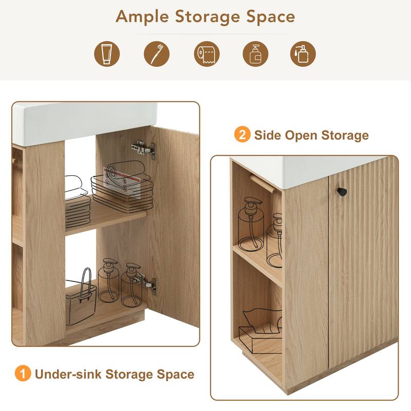 22" Bathroom Vanity with Ceramic Sink - Freestanding Modern Wood Grain Cabinet, Open & Closed Storage for Small Bathrooms