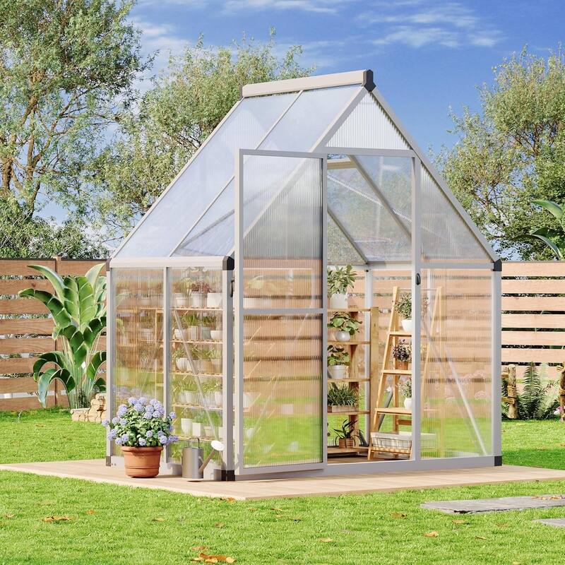 6 x 7 ft Greenhouse, Polycarbonate Walk-in Greenhouse with Aluminum Frame Sliver - 6*7FT - 6*7FT