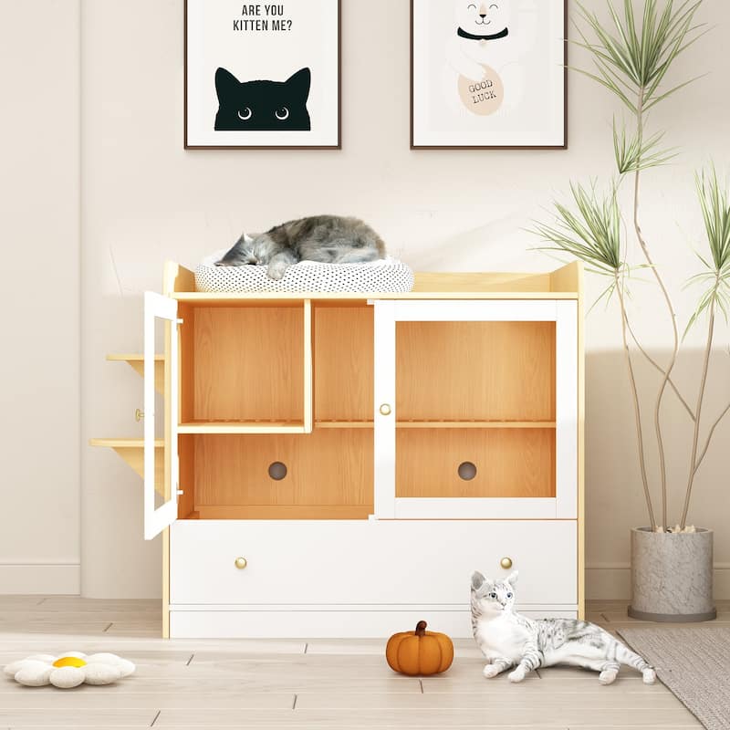 Multifunctional Pet Litter Box Cabinet Stylish Hideaway for Your Cat - Oak/White