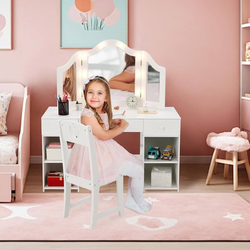 Kids Vanity Set, 2-in-1 Princess Makeup Table with Tri-Folding Mirror & Drawer - White