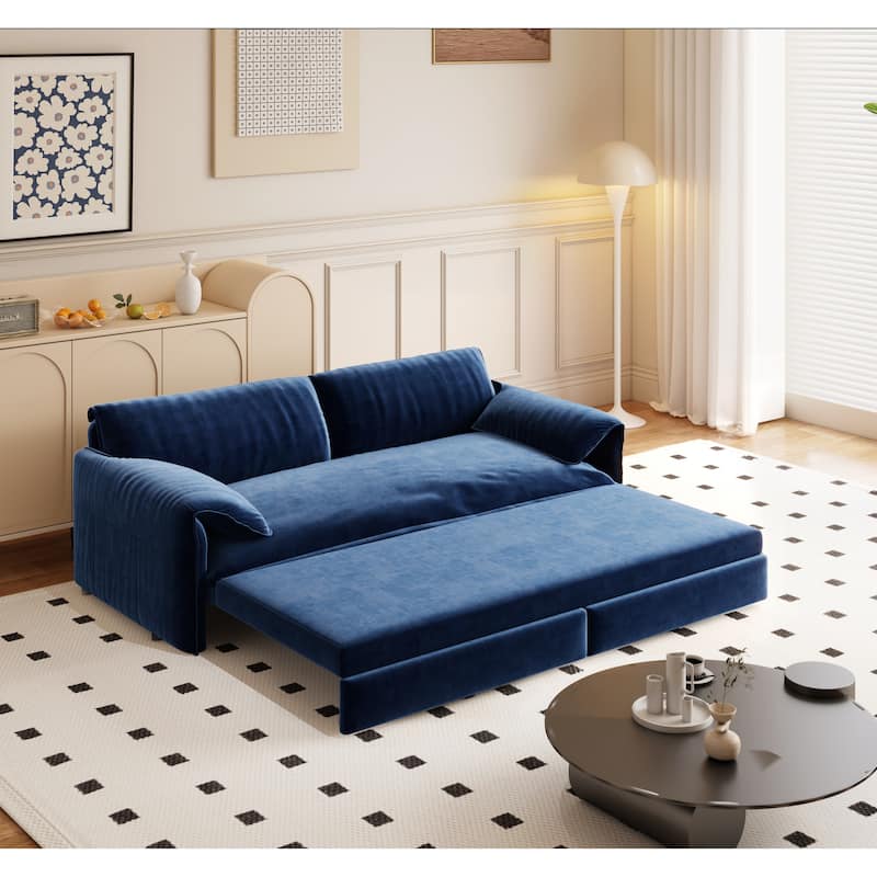 66" Queen Velvet Pull Out Sofa Bed w/ Side Storage Multi-Functional Loveseat Bed for Living Room Office - Blue