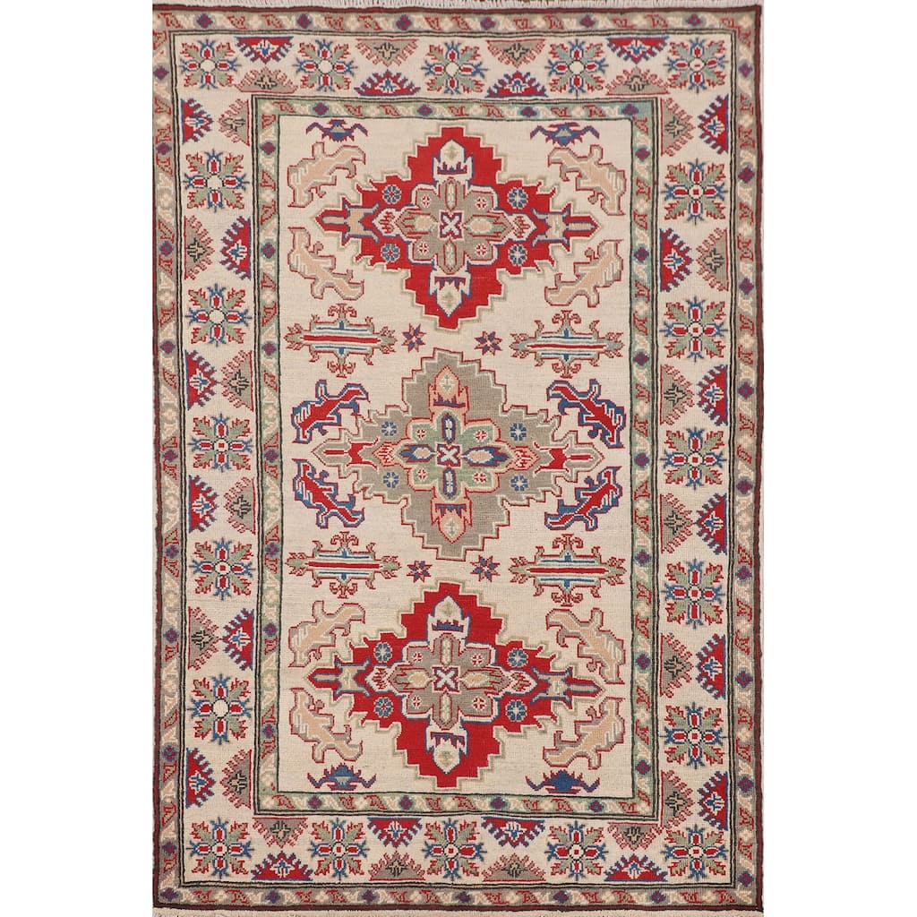 Geometric Kazak Oriental Accent Rug Hand-Knotted Wool Carpet - 3'11" x 5'11"