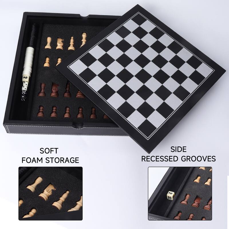 GSE™ 12.5" Premium Leather 3-in-1 Chess, Checker and Backgammon Board Game Combo Set