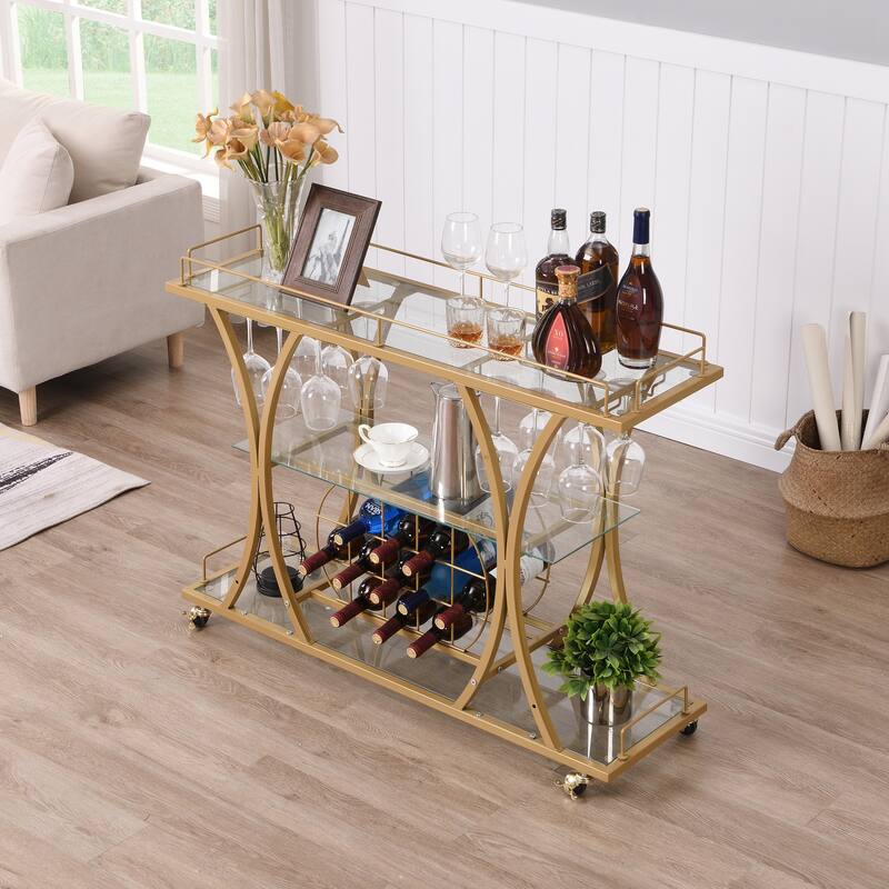 Myhozm 3-tier Serving Metal Bar Cart with Tempered Glass