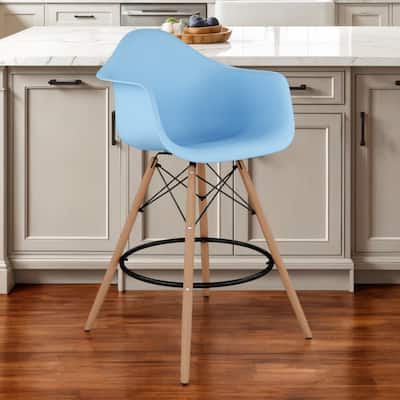 HomeRoots 28" Light Blue And Brown Heavy Duty Plastic And Solid Wood Low Back Counter Height Bar Chair