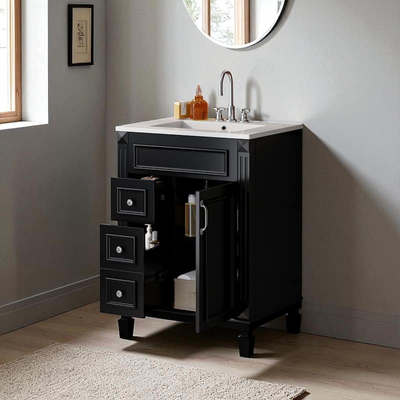 24" Bathroom Vanity with Ceramic Sink, Modern Small Bathroom Cabinet with 2 Drawers & Adjustable Shelf, Space-Saving