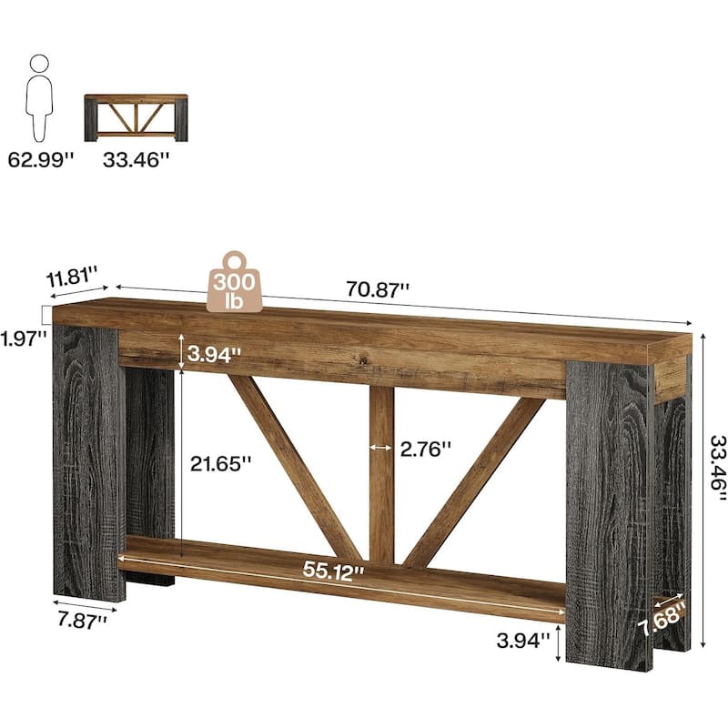 70.9” Brown MDF Entryway Table, 2-Tier Console Table for Living Room