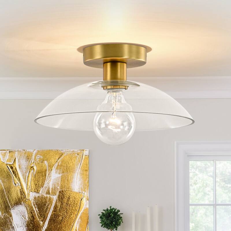 1-Light Simple Glass Dome Shade Semi Flush Mount 11.8 Inches - Brass