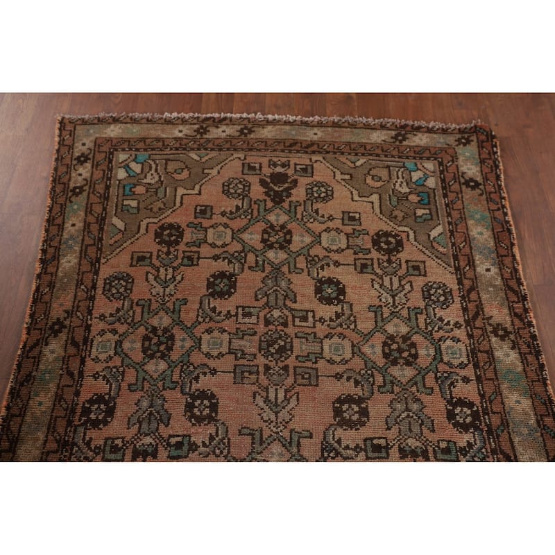 Distressed Hamedan Persian Vintage Runner Rug Handmade Wool Carpet - 3'4" x 9'8"