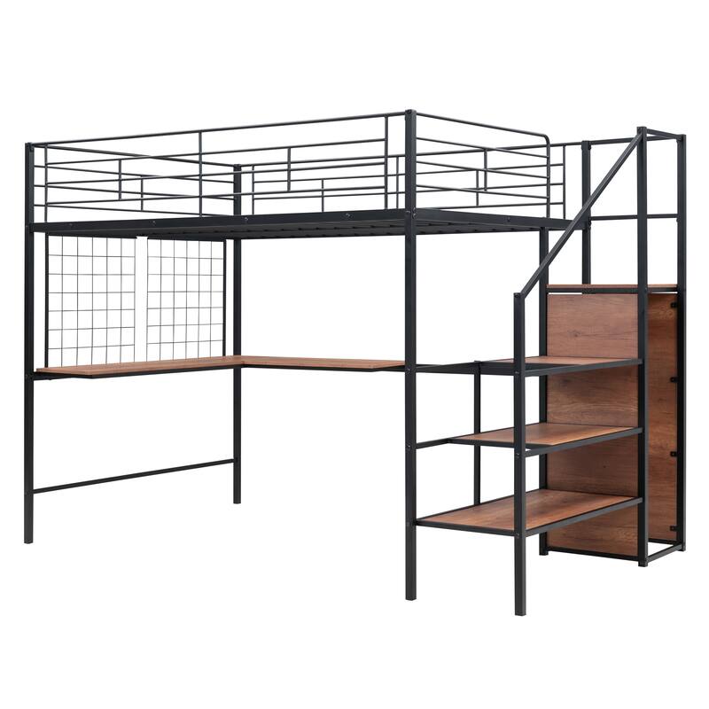 Twin/Full Size Metal Loft Bed with Lateral Storage Ladder, Desk, and Wardrobe
