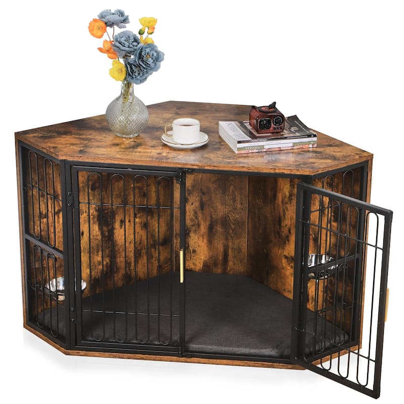Corner Dog Crate Furniture, Wooden Dog Kennel Furniture End Table, Wood Pet House Dog Cage Crate