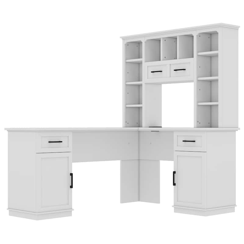 GDFStudio - Honey L-Shaped Computer Desk with Multiple Open Shelves and Built-in Power Outlet