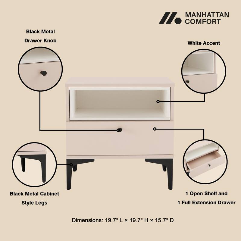 Modern Pale Rose and White Nightstand with Drawer and Open Shelf