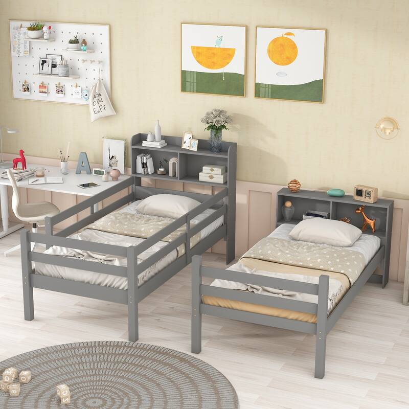 Twin Bunk Beds with Bookcase Headboard, Detachable Beds, Safety Rails